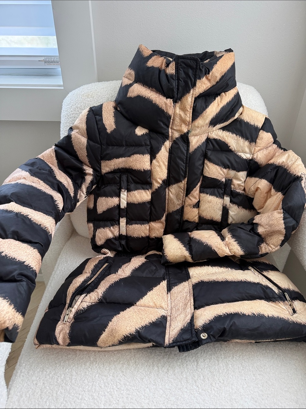 Just Cavalli Black and Beige Zebra-Print Puffer Jacket